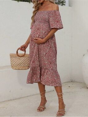 Off-Shoulder Dusty Rose Floral Maternity Dress